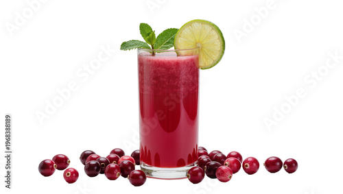 Картината върху платно Vibrant crimson cranberry juice in tall glass garnished with fresh mint and lime