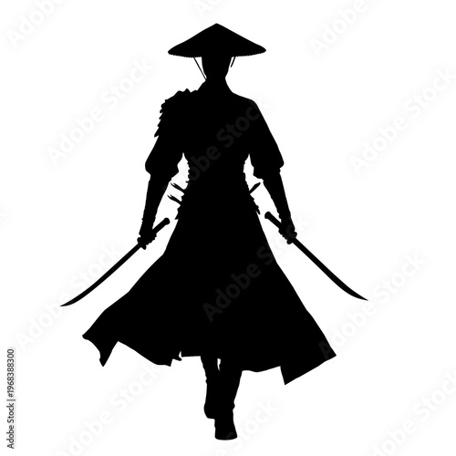 Japanese Samurai Warrior with Dual Katana Swords Silhouette