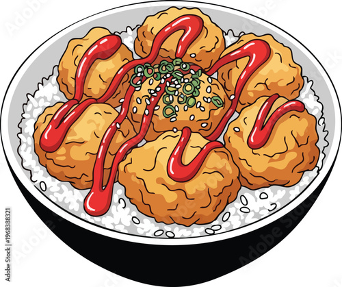 Delicious Japanese Karaage Chicken Rice Bowl with Sauce.