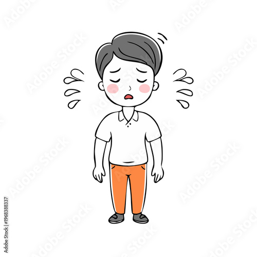 Young man with downcast eyes, sweating, feeling anxious or unwell, cartoon style