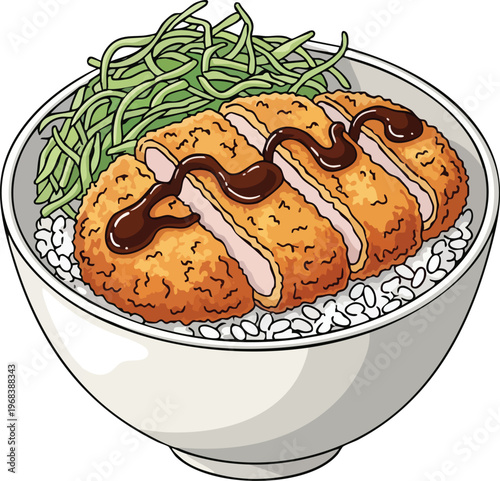 Delicious Japanese Katsu Donburi Rice Bowl with Sliced Pork Cutlet.