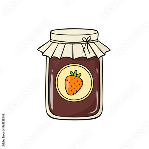 Cartoon jar of delicious strawberry jam with label and tied lid