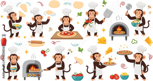 Cute Monkey Chef Pizza Cooking Cartoon Set with Funny Animal Characters, Kitchen Activities, Ingredients, Oven Scenes, and Food Preparation Vector Illustration Collection.