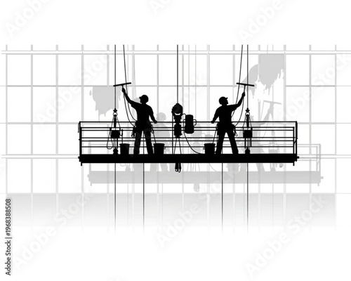 Two professional window washers diligently cleaning high-rise building windows from a suspended platform, ensuring sparkling glass.