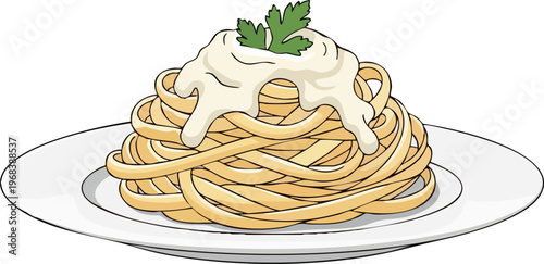Delicious pasta dish with creamy sauce and parsley garnish on a white plate.