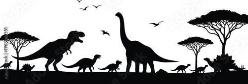 Black dinosaur silhouettes including Tyrannosaurus Rex and Brachiosaurus in a prehistoric landscape with trees and flying pterosaurs on white background