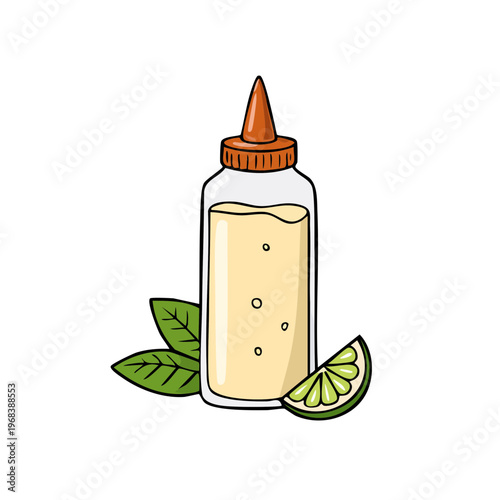 Hand drawn illustration of a squeeze bottle with a creamy liquid and green garnish like mint leaves and a lime slice