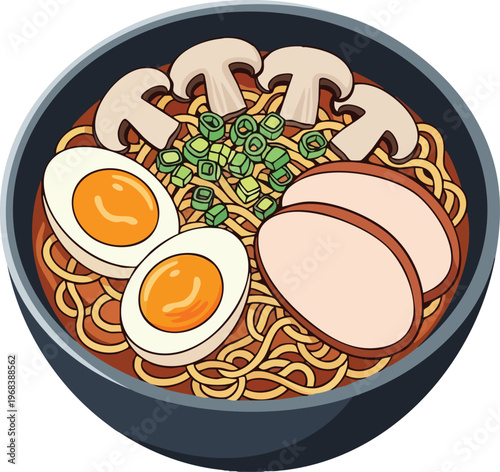 Delicious Ramen Bowl with Noodles Egg and Meat Toppings.