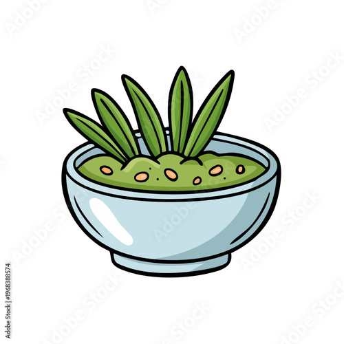Hand-drawn illustration of a bowl of green dip with herbs and seeds, cartoon style
