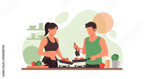 Couple cooking healthy food together in kitchen.