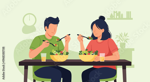 Couple Eating Healthy Salad Together at Table.