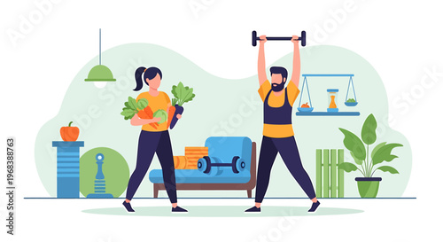 Couple exercising and eating healthy food at home.