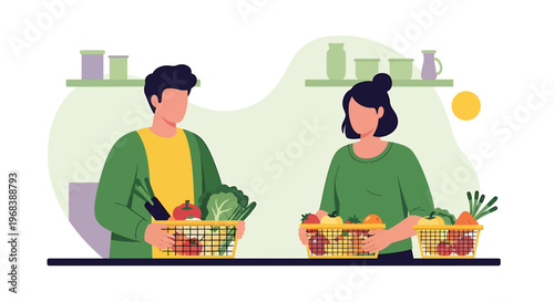 Couple holding baskets full of fresh produce in kitchen.