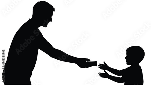 Father giving gift to son a striking black silhouette