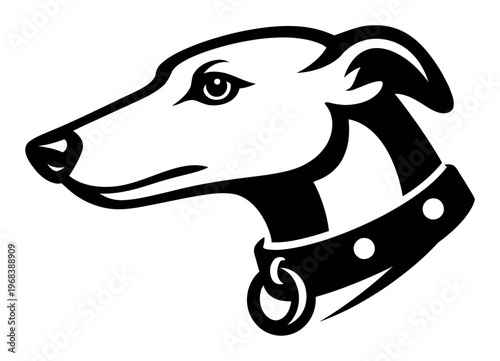 Greyhound head profile illustration with a bold collar, representing speed, agility, and a strong canine presence