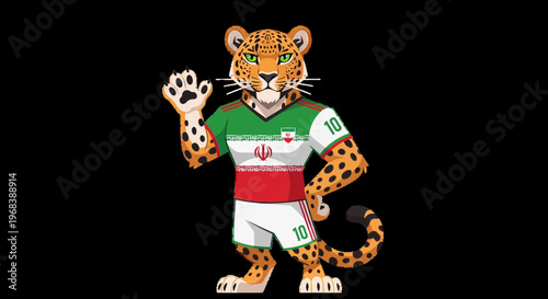Cartoon Cheetah Mascot Waving, Wearing Iranian Football Jersey