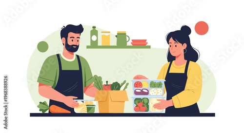 Couple preparing fresh food in a kitchen together.