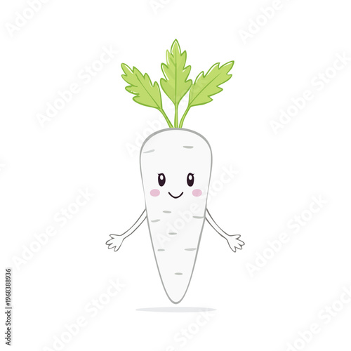 Cute cartoon white radish character with happy face and arms outstretched in a friendly pose