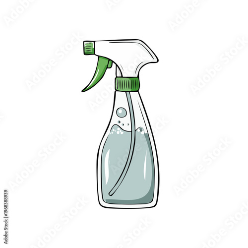 Hand-drawn illustration of a clear spray bottle with green accents filled with liquid and bubbles