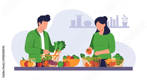 Couple preparing fresh vegetables for healthy meal in kitchen.
