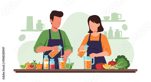 Couple preparing healthy drinks in the kitchen together.