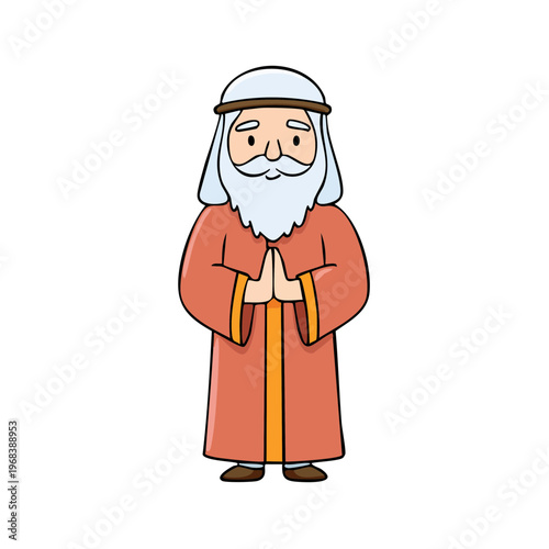 Cartoon Man in Traditional Robes With Beard and Headband Praying