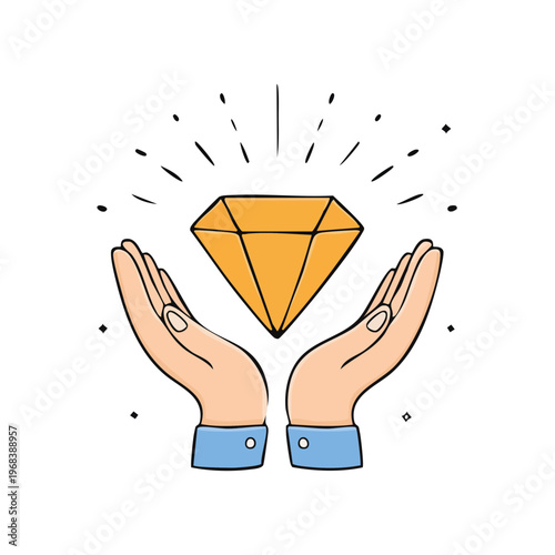 Two open hands presenting a sparkling golden diamond gemstone with radiating light effect symbolizing value and preciousness