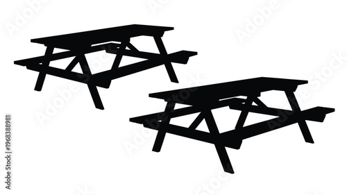 Two picnic tables depicted in a stark black silhouette