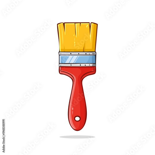 Red handled paintbrush with yellow bristles isolated on white background cartoon illustration