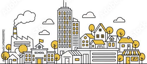 Modern city skyline with school factory skyscraper houses trees and clouds in a clean line style hand-drawn vector illustration doodle art