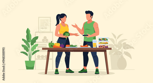 Couple preparing healthy food together in kitchen.