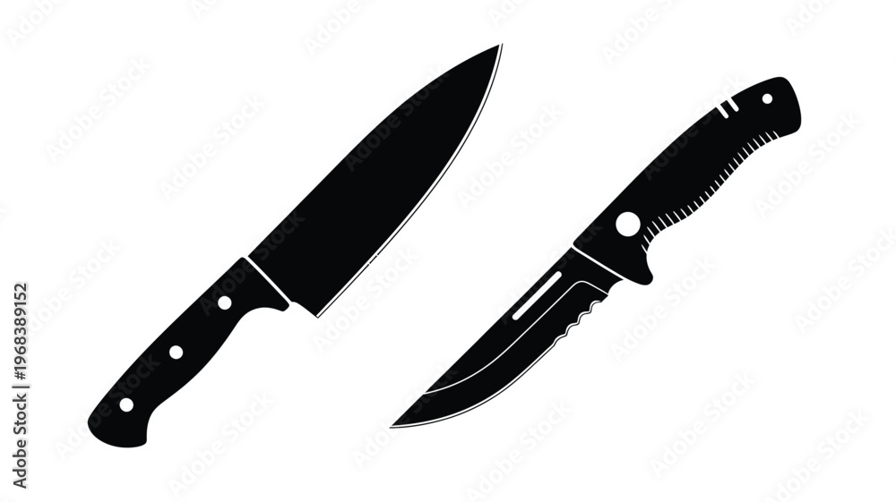 Obraz premium Two kitchen knives displayed in a stark black silhouette