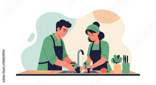 Couple washing dishes together in kitchen sink.
