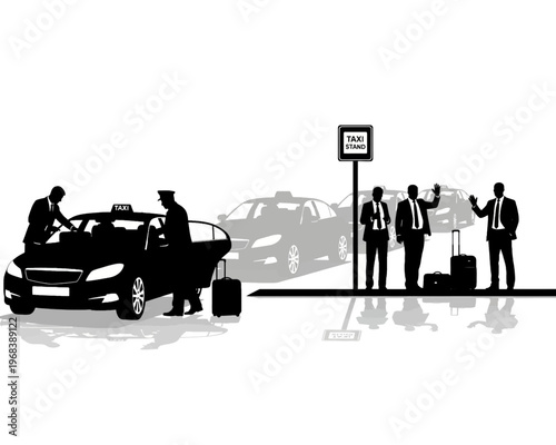 Silhouettes of business travelers arriving and departing at a designated urban taxi stand, with drivers assisting with luggage.