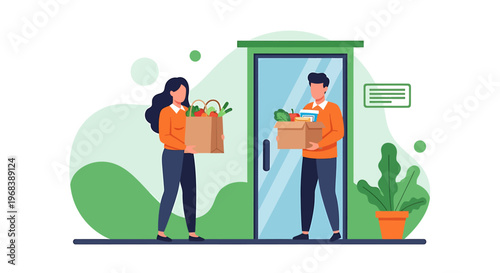 Delivery people carrying grocery bags to a door.