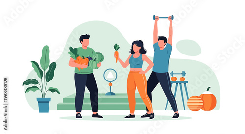 Diverse people enjoying healthy lifestyle with fitness and fresh food.