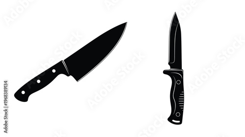 Two kitchen knives presented in a stark black silhouette