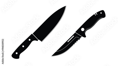 Two kitchen knives displayed in a stark black silhouette