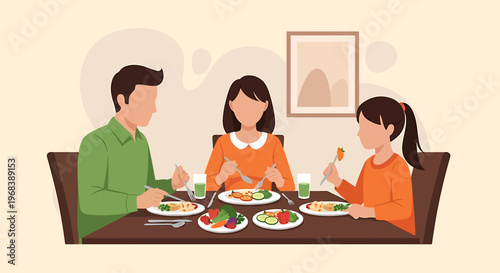Family enjoying a meal together at the dining table illustration.