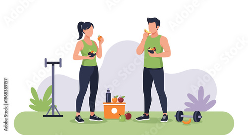 Fit couple eating healthy food after workout outdoors.