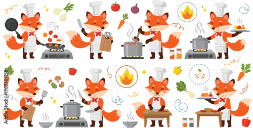 Cute Fox Chef Cooking Cartoon Set with Kitchen Activities, Food Preparation, Vegetables, Stove, and Culinary Scenes for Restaurant or Recipe Vector Illustration Collection.