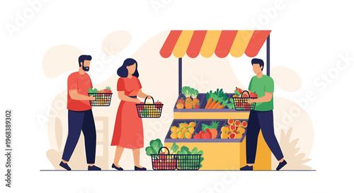 People shopping at a vibrant outdoor farmers market stall.