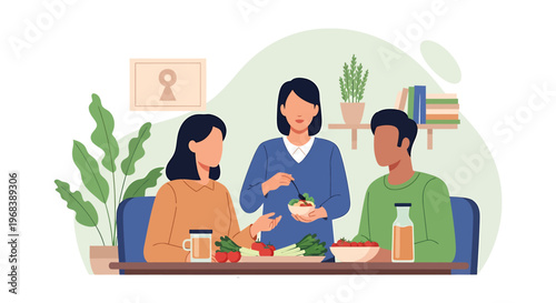 Three friends enjoying a healthy meal together at a table.
