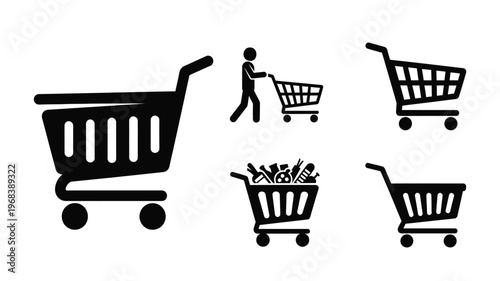 Shopping carts and groceries depicted in a stark black silhouette