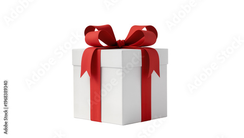 Rectangular pristine gift box wrapped with vibrant red satin ribbon and a large bow, isolated on transparent background for celebratory designs