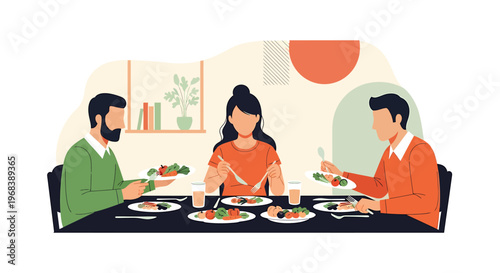 Three people enjoying a meal together at a table.
