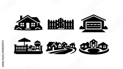 Suburban home icon set. single family house, fence, garage, backyard deck with grill, winding neighborhood road, cul-de-sac. flat vector illustration isolated on white background.
