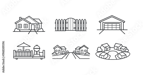 Suburban home icon set. detached house, picket fence gate, garage, deck with grill, twin-lane residential road, roundabout cul-de-sac. line and flat vector illustration.