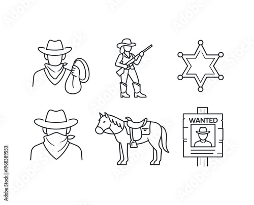Wild west thin line icon set. western cowboy and cowgirl outlines, sheriff star, horse, wanted poster, lasso, bandit. line and flat vector illustration.