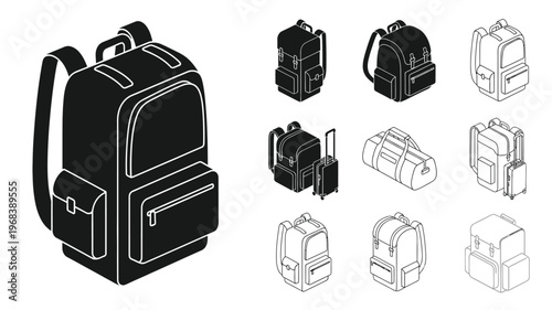 Various styles of backpacks and luggage shown in black silhouette